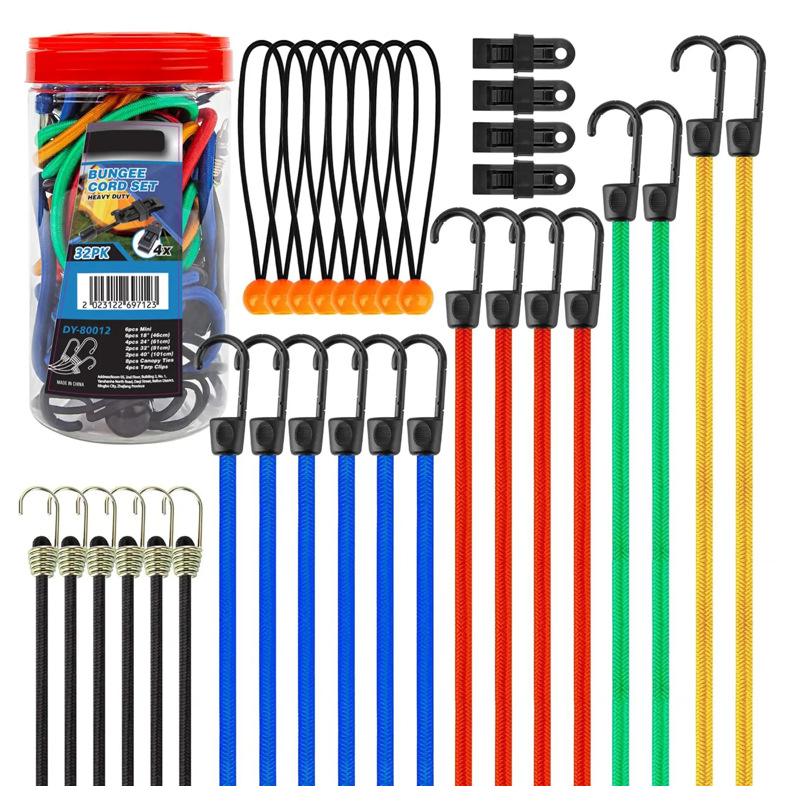 32-Piece Premium Bungee Cords with Hooks Includes 10 18 24 32 40 Heavy Duty Outdoor Elastic Rope 4 Pcs Canopy Tarps Clips Small Bungees Rope with Ball Mini Cords Carabiner Hook Storage Jar