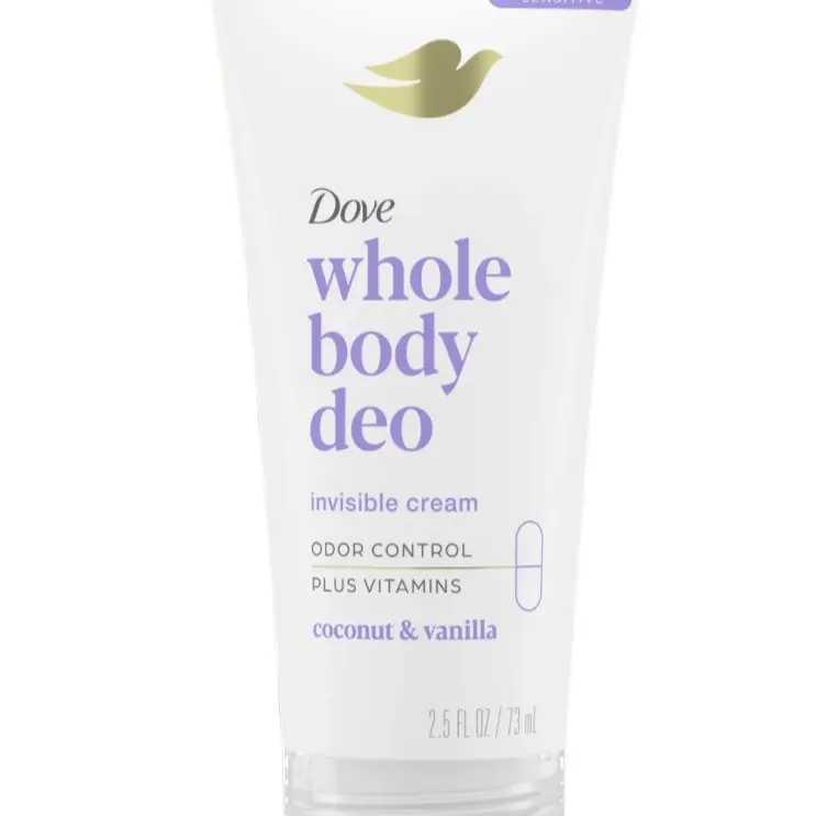 Dove Whole Body Deo Invisible Cream with Odor Control & Vitamins, Coconut & Vanilla Flavor, 2.5 oz (70 g)