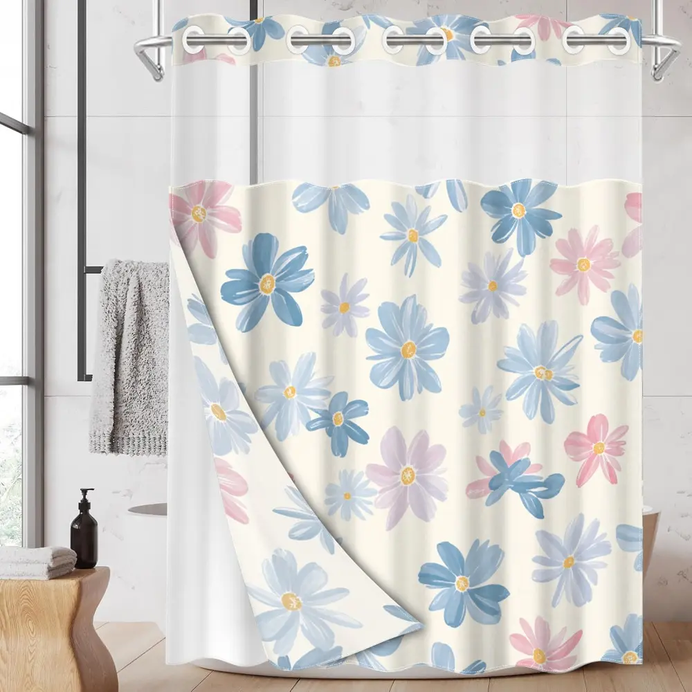 1pc hookless Decorative, Printed shower curtain with buckle lining, spring pink and blue floral pattern design, 2D flat printing, fabric waterproof lining, see-through double-layer shower curtain, 71 x 74 inches