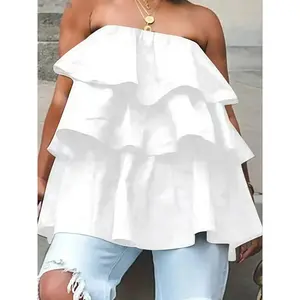 Women's Plain Layered Casual Tube Ruffle Tube Top Top for Summer, Ladies Clothes for Daily Wear