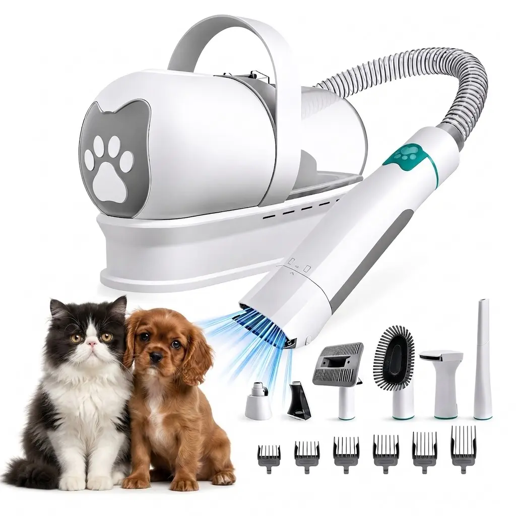 7-in-1 Pet Hair Vacuum Groomer, Dog Clipper Set for Hair Trimming with Paw Shear, Nail Polisher & 6 Length Guard Combs