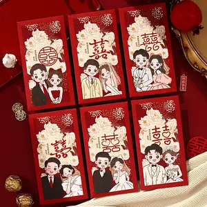 Red Envelopes for Chinese Wedding, 6 count Floral  Envelopes of Cute Cartoon Bride and Groom Patterns and Double Happiness, Traditional Chinese Wedding Accessories for Blessing