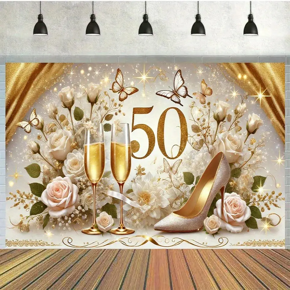 50th Happy Birthday Floral Photography Backdrop Banner - 1pc Polyester, Elegant Golden-White Champagne Theme with Glasses & High Heels, Party Decorations Banners for Photo Booths, Ceremony Indoor-Outdoor Use