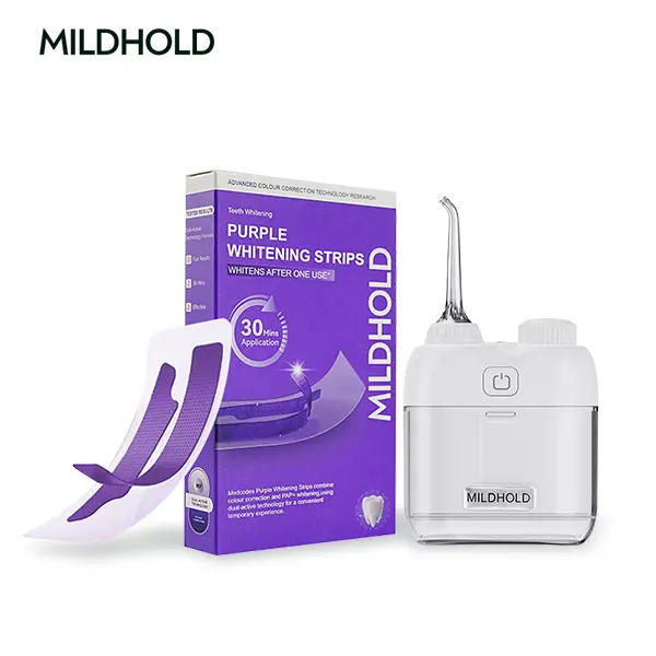 MILDHOLD Oral Care Kit - Portable Rechargeable Water Flosser+Purple Whitening Teeth Strips Set, Pocket-Size Travel Oral Irrigator with 3 Pressure Modes for Daily At-Home Care