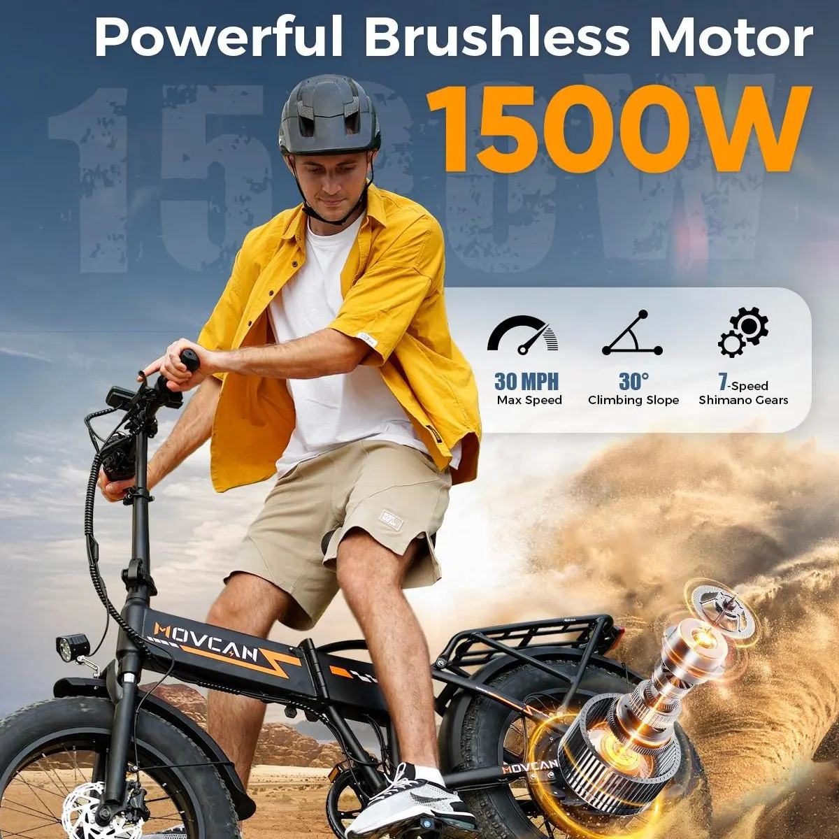 Movcan Q20 Folding Ebike for Adults - 20” Fat Tire, 1500W Brushless Motor, 52V 15.6Ah Removable Concealed Lithium-Ion Battery, 30 MPH, 7-Speed, Dual Hydraulic Brakes, NFC Display & Lock, Energy Saving, Practical, 12 Months Support