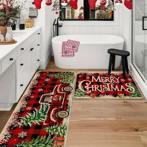 ‌Red Christmas Kitchen Mats Waterproof Floor Mats for Kitchen Farmhouse Style Xmas Decorations Durable Easy Clean Kitchen Rugs Set‌ Home Decorative Rugs Household Decorative Rug