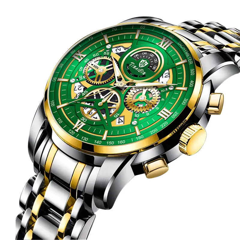 The TINAIBIN men's business fashion watch features an analog quartz movement with a Swiss original core, offering chronograph functionality, luminous display capabilities, and water resistance. Suitable for parties and everyday wear, it also makes an idea