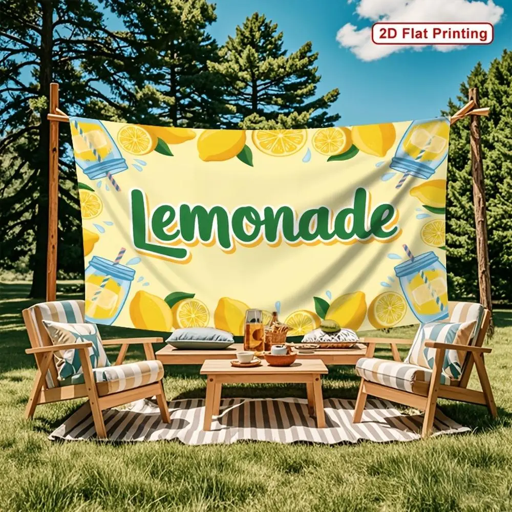 2D Flat - 2D Flat - This Is a 2D Flat Banner Featuring a Lemonade Lemon Slice Design on a Yellow Polyester Background, Perfect for Decorating Parties in Farms, Gardens, Homes, Rooms