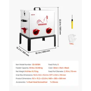 VEVOR Automatic Chicken Feeder, 50 lbs Capacity, 6 Feeding Ports No-Waste Poultry Feeder with Built-In Divider, with Latch Handle, Metal Construction, for Chickens Bantams Pheasants Poultry Coop