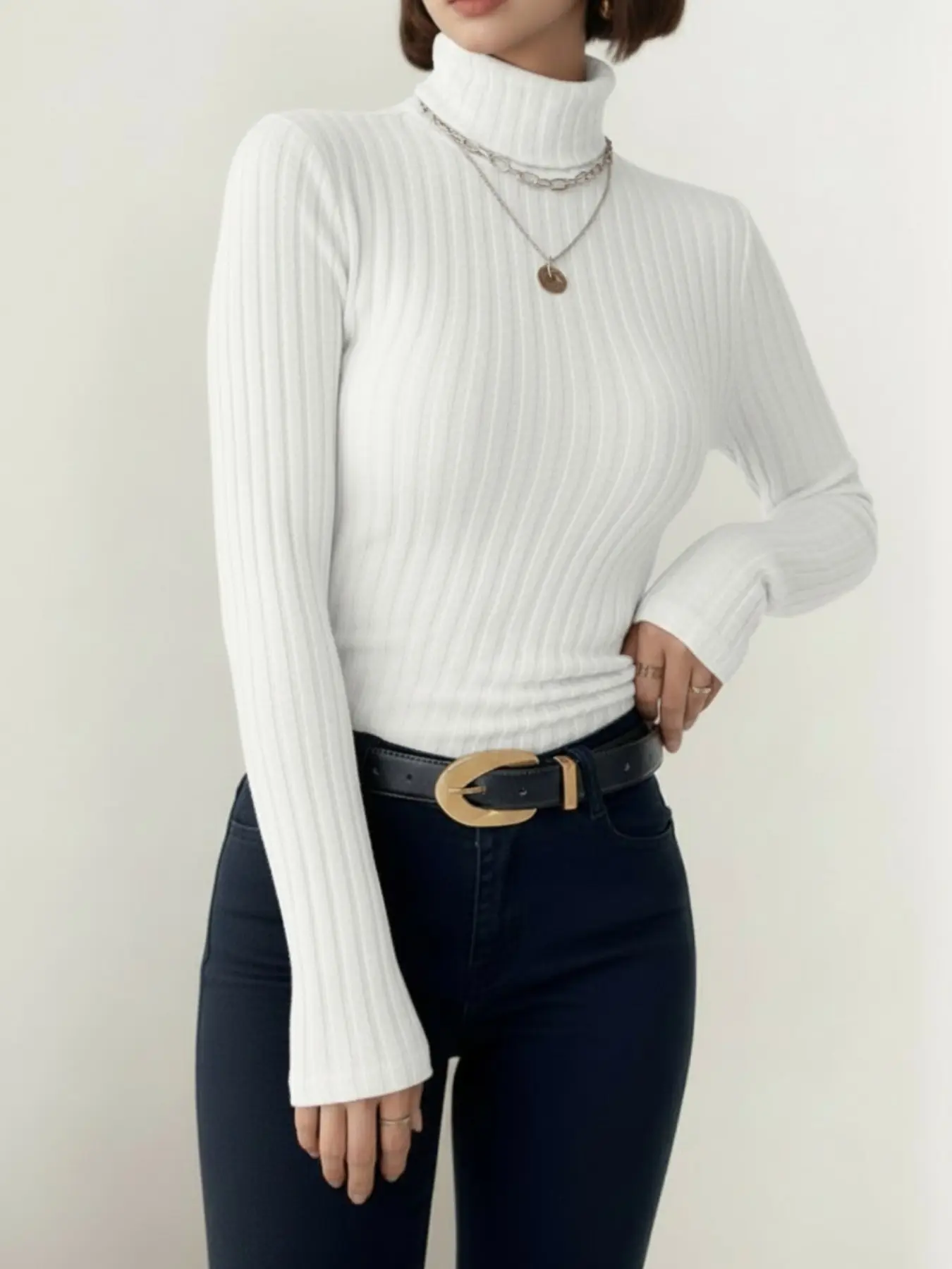 Christmas French High Neck Turtleneck Ribbed Knit Texture Fabric Women's Top Knitwear T-Shirt, Long Sleeves, Festive Holiday Style, Comfortable and Stylish, Perfect for Gifting, Womenswear, Long Sleeve Length, Solid Ribbed Top