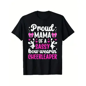 Proud Mama of a Cheerleader T-Shirt - Women'S Soft 100% Retro Cheer Squad Graphic Tee with Pom-Poms Design, Black with Pink & White Lettering, S-XXXL Sizes, Perfect Gift for Cheer Moms, Casual Crew Neck Short Sleeve Shirt for Sports Events & Casual