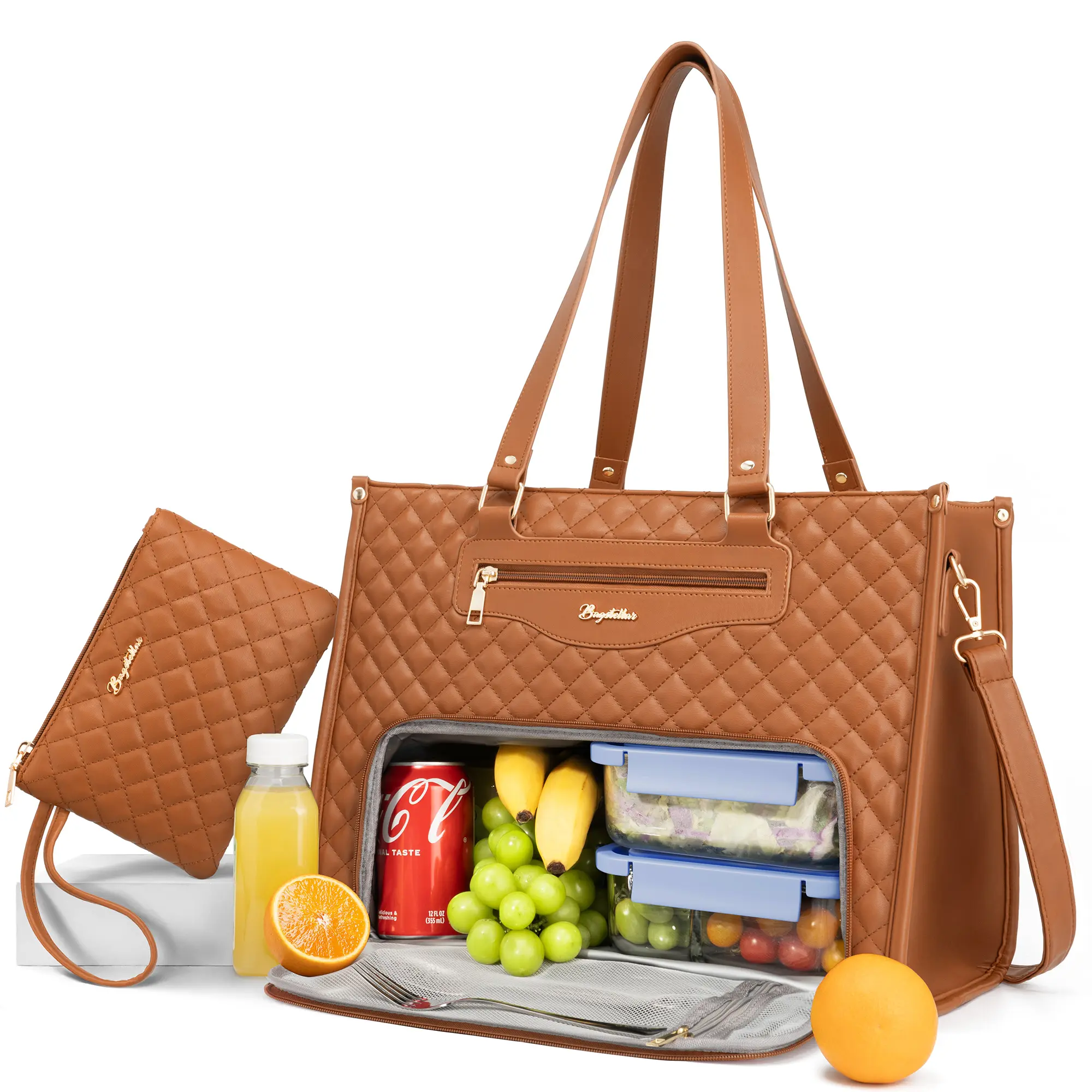 Bagstellar Women's Quilted Work Bag - 15.6 in Laptop Tote with Insulated Lunch Compartment, Purse & Large Capacity for Office, Travel Home Organization