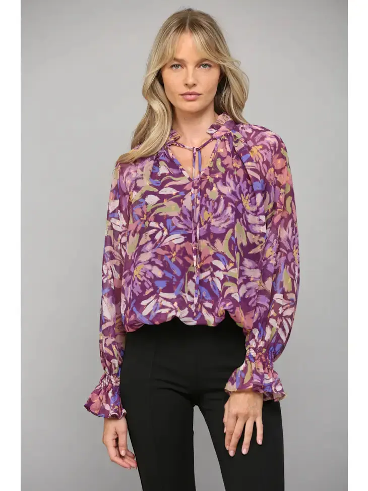 Purple Abstract Print With Foil Chiffon Tie Neck Blouse