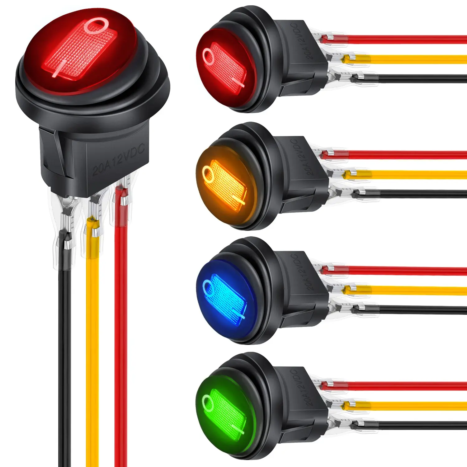 Nilight 5Pcs Snap-In Type Round Rocker Toggle Switch, IP65 Waterproof Rating, 3 Pins with LED (Green, Red, Blue, Yellow), 12V 20A Rating, SPST On/Off Control, Plastic & Metal Locked Terminal Wires for Car, Marine, Outdoor Wet Environments
