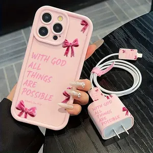 5-Piece Set High Bamboo Smartphone Case + Charging Head Cover + Cable Protector + Storage Rope, Anti-Drop Shockproof Tpu Protection for iPhone Series Accessories