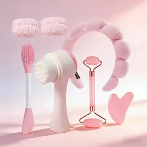 7-Piece Beauty Tool Set, Including Roller Massager and Scraping Board, Silicone Mask Brush, Velvet Headband and 3D Facial Brush, Professional Face Massage and Facial Care Kit, Facial Care Tools, Facial Care Instrument