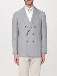 BRUNELLO CUCINELLI MEN'S GREY LINEN DOUBLE-BREASTED BLAZER