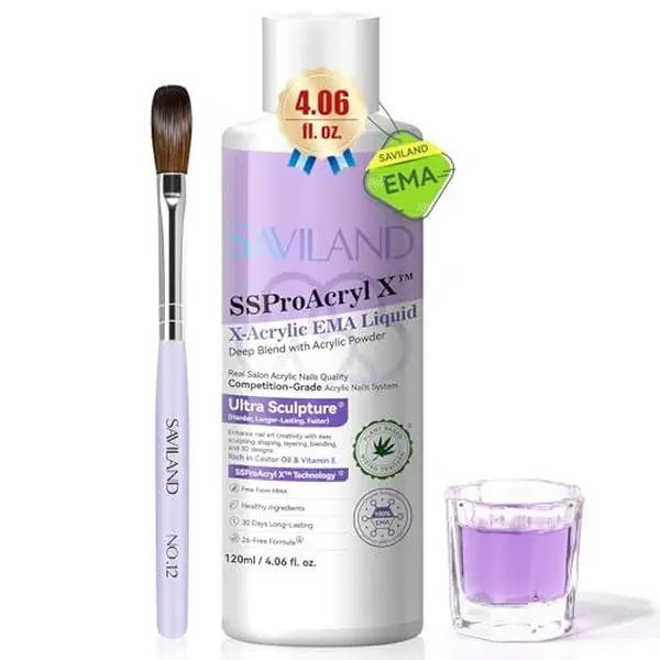 SAVILAND Monomer Acrylic Nail Liquid: 4 oz Acrylic Monomer for Nails Extension with 12# Nail Brush Dappen Dish for Beginners DIY at Home Professional Salon Use