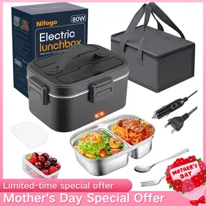 Nifogo Electric Lunch Box 80W 1.8L Leak Proof Stainless Steel Overheat Protection Portable Heated Display Screen 12V 24V 110V Square Black for Car Truck Work Travel Road Trip