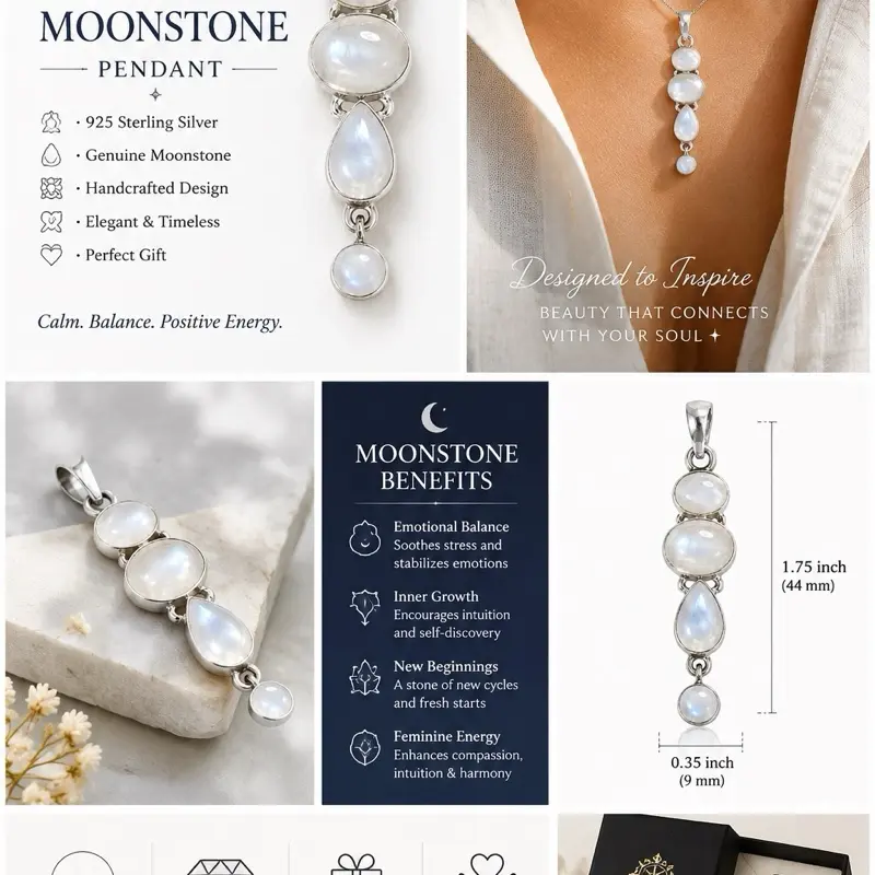 925 Sterling Silver Rainbow Moonstone Multi-Stone Pendant, Elegant Polished Design with Soft Blue Sheen for Adults, Ideal for Ethereal Beauty Jewelry Accessory, Choking Hazard Small Parts