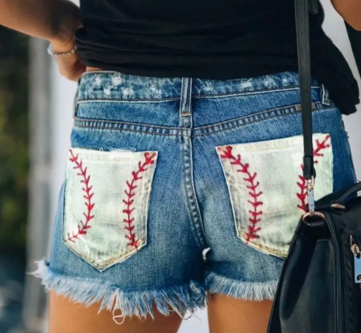 Women's Distressed Light Denim Shorts with Frayed Hem, Cute Casual Cutoffs Featuring a Button Fly and Baseball Stitch Lace-Up Sides, Approx Inseam, Casual Jean Shorts, Denim Fabric Shorts