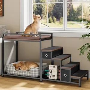 kepptory Pet Bunk Bed with Stairs and Storage, Dog Beds Attachment to Human Bed, Bedside Dogs Cot for Small, Medium Cats & Dogs, Pet Window Perch