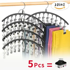 Legging Organizer for Closet Metal Yoga Pants /Hat Hangers 5 Pack w/10 Clips Holds 50 Leggings Space Saving Hanging Closet Organizer w Rubber Coated Closet Organizers and Storage Black