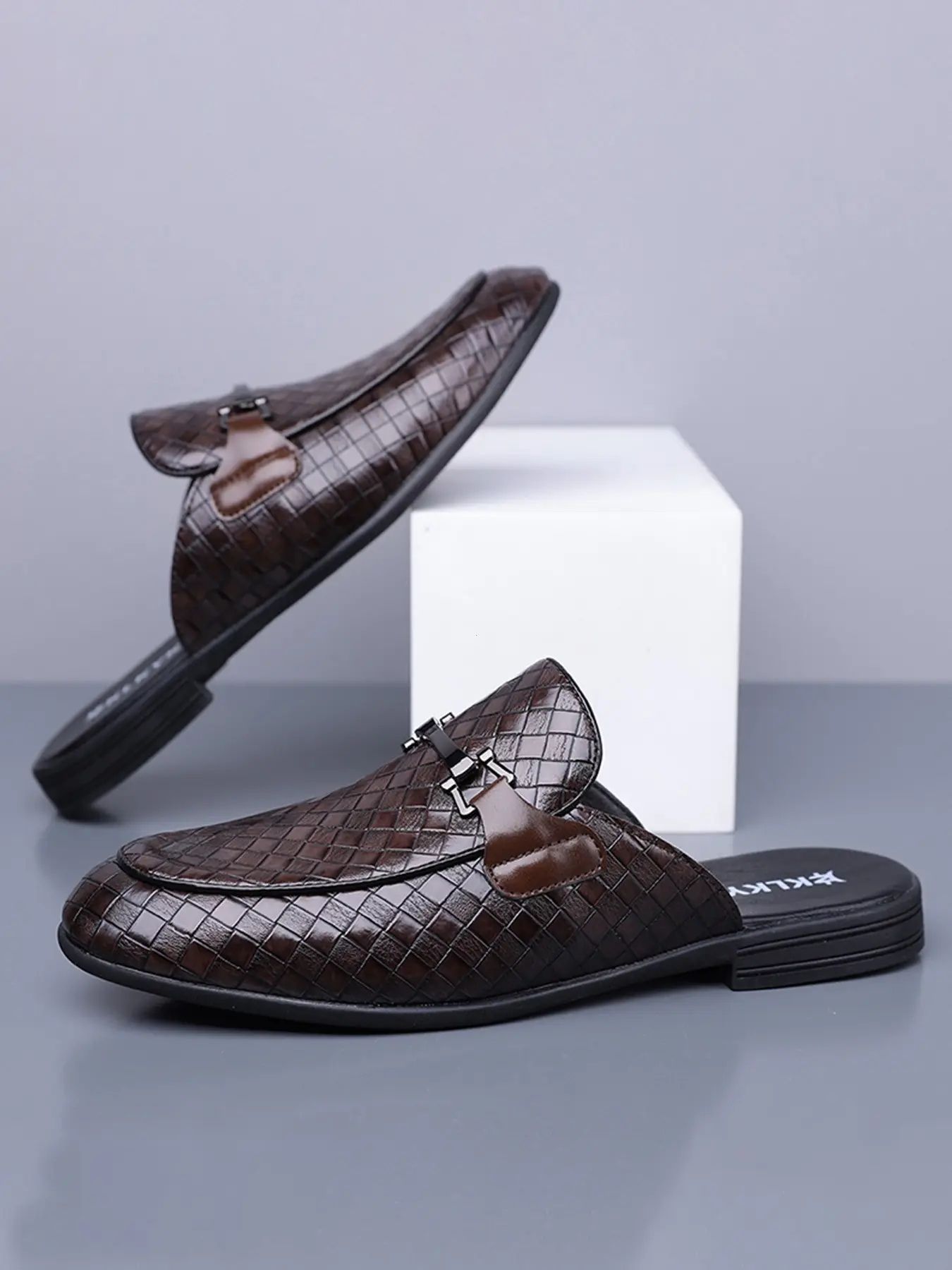 Men's Slip-On Casual Dress Sandals, PU Leather Mules Round Toe, Anti-Slip Rubber Comfortable Summer Business Shoes, All-Season Formal Footwear