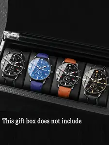 4-piece/set of versatile and personalized Geneva men's watch set in plain colors, Analog Quartz Watch