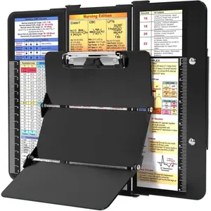 Foldable 3-Layer Aluminum Nursing Clipboard with Nursing Cheat Charts, Low Profile Clip & Pen Clip Pocket for Nurses Doctors Students Black