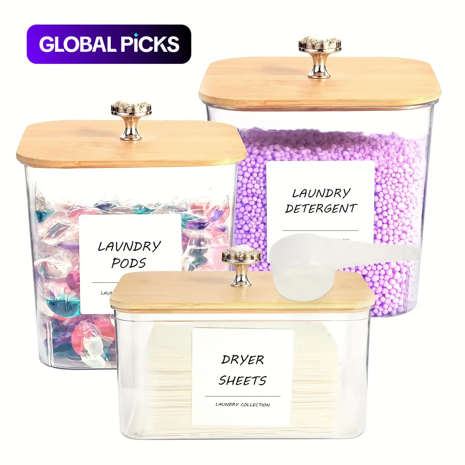 Laundry Room Storage Container Set, Including 3 Clear Laundry Pods Containers, 2 Spoons, Labels & Sheets, Home Organizer for Bathroom, Plastic Canister, Plastic Containers #GLOBAL PICKS