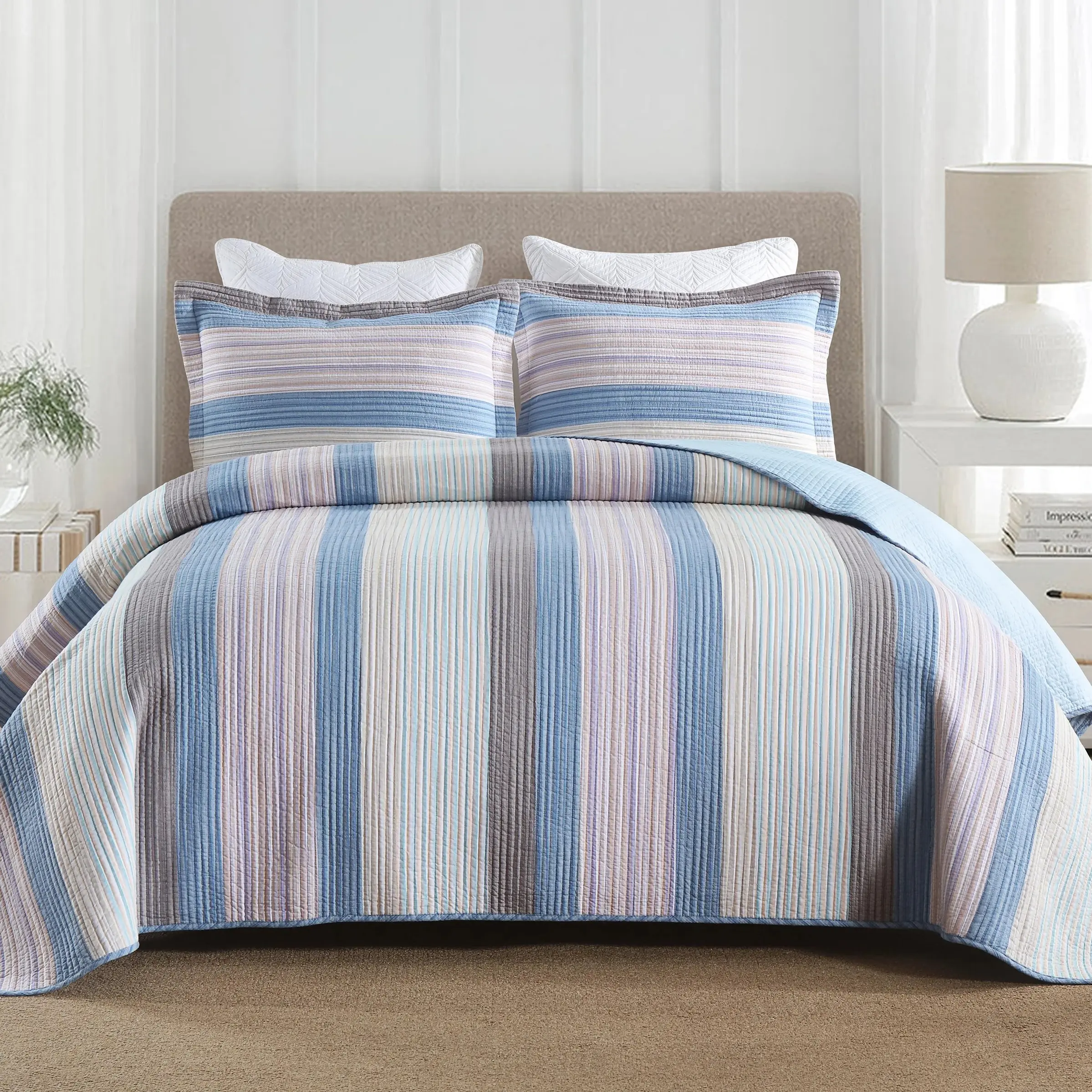 Luxury Blue-Beige Striped Quilted Bedspread Set - Premium Cotton Decorative Bedding Set with Textured Vertical Stripe Pillow Shams, Soft All-Season Bed Cover, Soft Bedding Sets