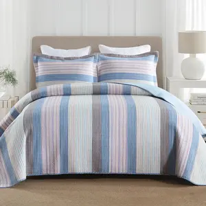 Luxury Blue Beige Striped Quilted Bedspread Set, Textured Vertical Stripe Bedding with Pillow Shams, Premium Cotton All Season Bed Cover