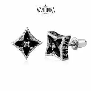 [VA RA] Black Enamel Four-Leaf Stud Earrings for Men Women, S925 Silver Post Vintage Square Flower Earrings, Gothic Punk Y2K Small Statement Jewelry, Daily Party Birthday Holiday Gift for Him Her