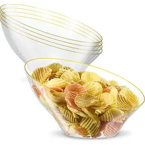 Angled Plastic Bowls Disposable Medium Plastic Clear Serving Bowls with Gold Rim for Party for Appetizer Salads Pack of 4