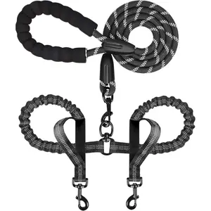 Double Dog Leash for Two Dogs, Heavy Duty Adjustable No Tangle, Bungee Retractable Split Multiple Leash for Walking 2 Dogs, 5.5FT-1/2”, Black