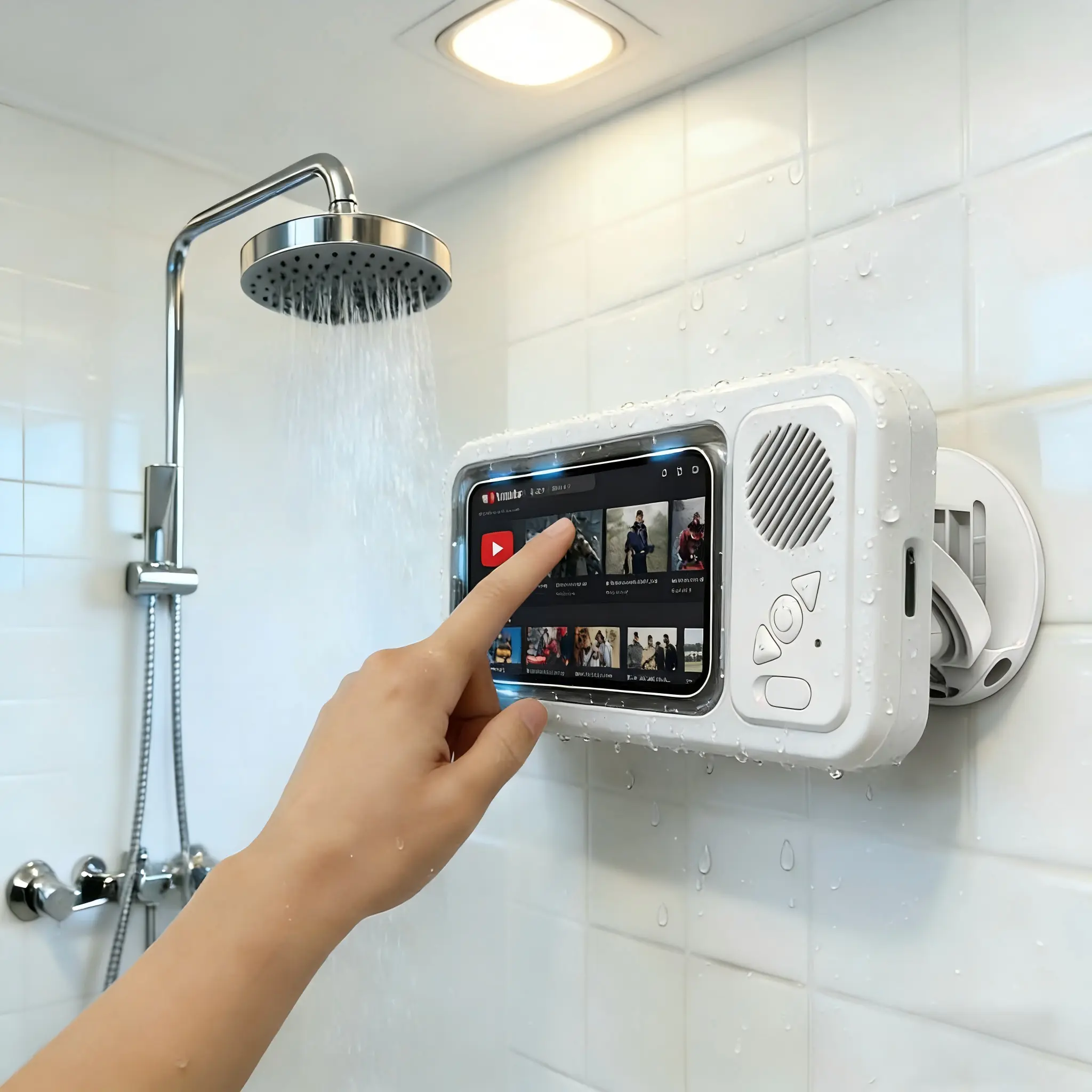 360° Rotatable Polycarbonate Waterproof Shower Smartphone & Cellphone Holder with Bluetooth Speaker - Durable Wall Mount Stand, Anti-Fog Touchscreen Protection, Hands-Free for Bathroom/Kitchen, Audio Accessories for Streaming Netflix/YouTube