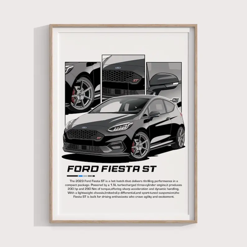 Ford Fiesta ST Poster Hot Hatch Car Print for Enthusiasts Performance Automotive Wall Art & Garage Decor - No Frame
