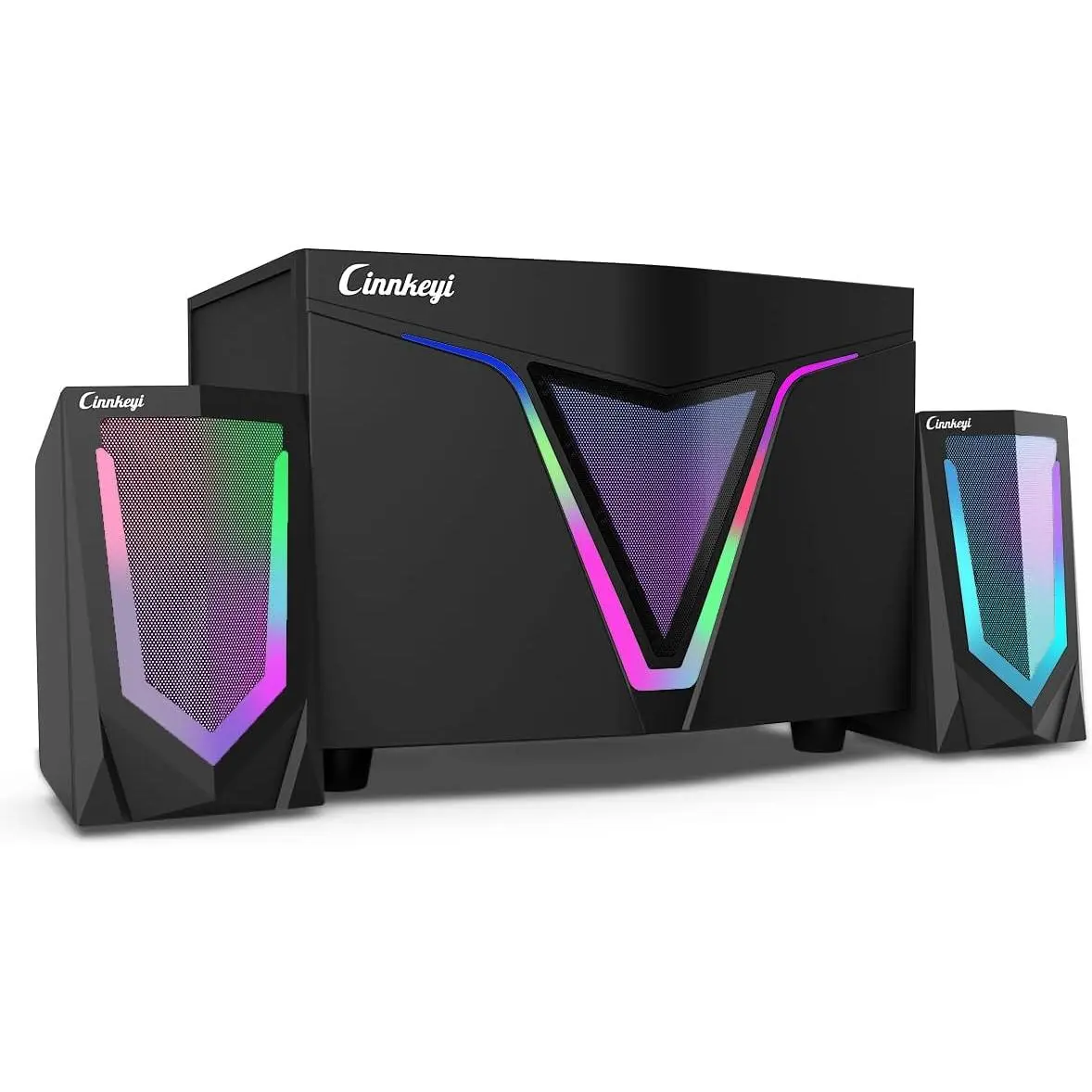 2.1 Channel Compact USB Wired Computer Desktop Stereo Speaker System - Subwoofer, Dual 4.7-in Satellites, RGB LED Lights, 16W Power, 3.5mm Aux Input, Bass Boost, Distinct Vocals, Plug-N-Play Connection, for Gaming, Movies, Office Work