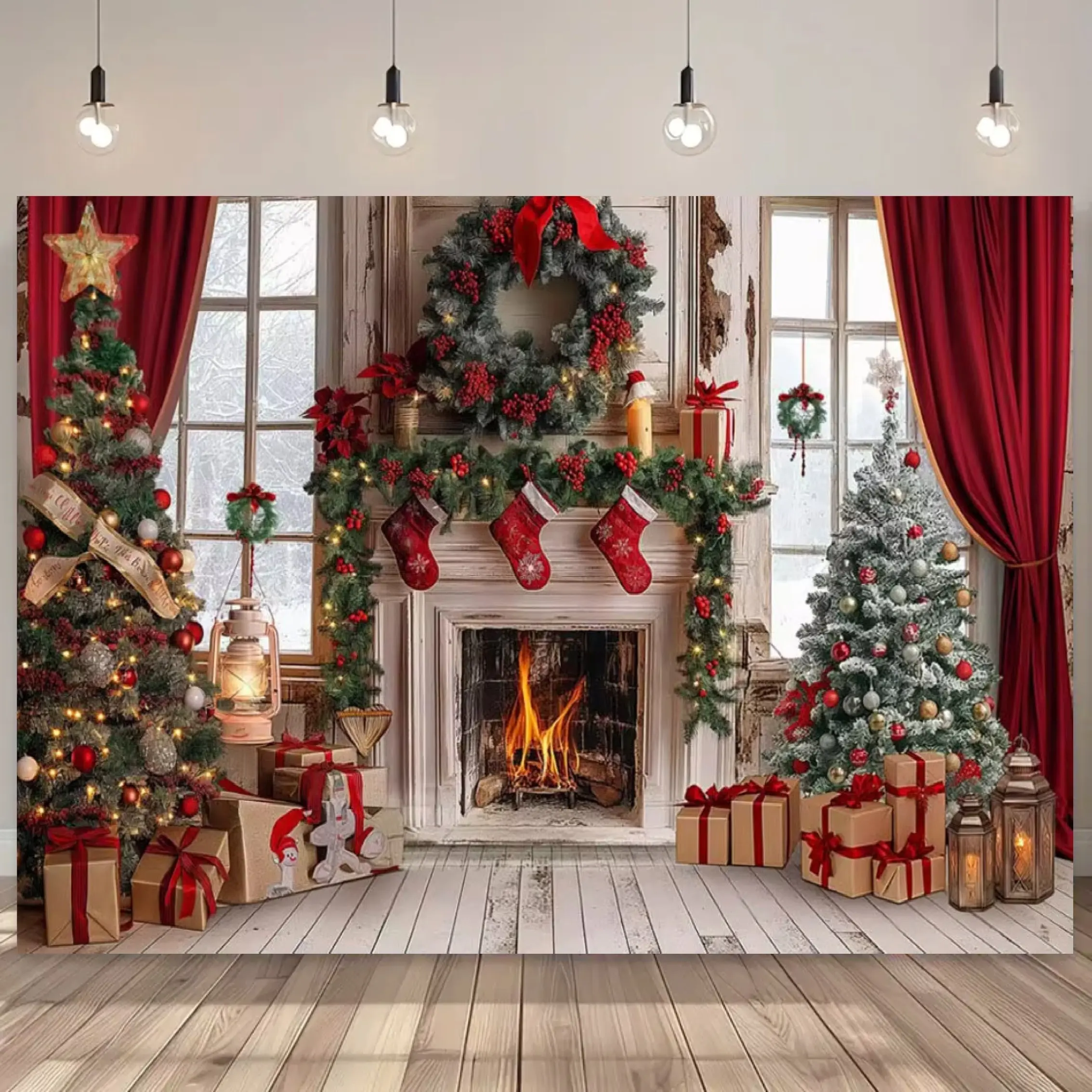 Magical Polyester Christmas Holiday Backdrop - 5x3FT Winter Fireplace Tree Scene, No-Electricity Festive Banner, Printed Photo Background with Ornament, Single Unit Birthday Party Decoration Supplies for Portrait Photography