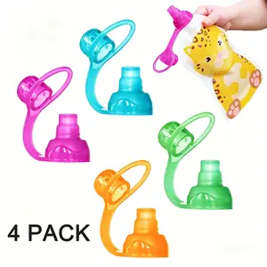 4 Pack No Spill Silicone Bottles Top Spout, Water Bottle Spout Adapters, Silicone Yummy Pouch Sippy Spout, Food Pouch Top, Baby Led Weaning, No Spill Flow Control Valve, Protects Childs Mouth, 100% Silicone, BPA Free, Feeding Accessories