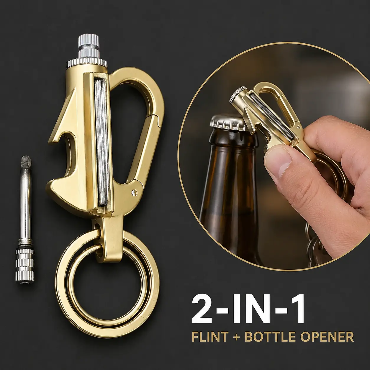 Multifunctional Metal Keychain with Built-in Bottle Opener & Flint Fire Starter | Cool EDC Pocket Tool Key Ring | Portable Everyday Carry Accessory for Beer Lovers | Unique Birthday Gift Idea for Men Dad Husband Boyfriend((Fuel Is Not Included)