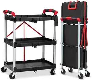 Foldable Utility Carts with Wheels, 3-Tier Holds Folding Rolling Cart with Fixed Rope, Pack-N-Roll Collapsible Service Cart for Home, Office, Garage, and Warehouse - No Assembly Required Organiser Racks Shelf