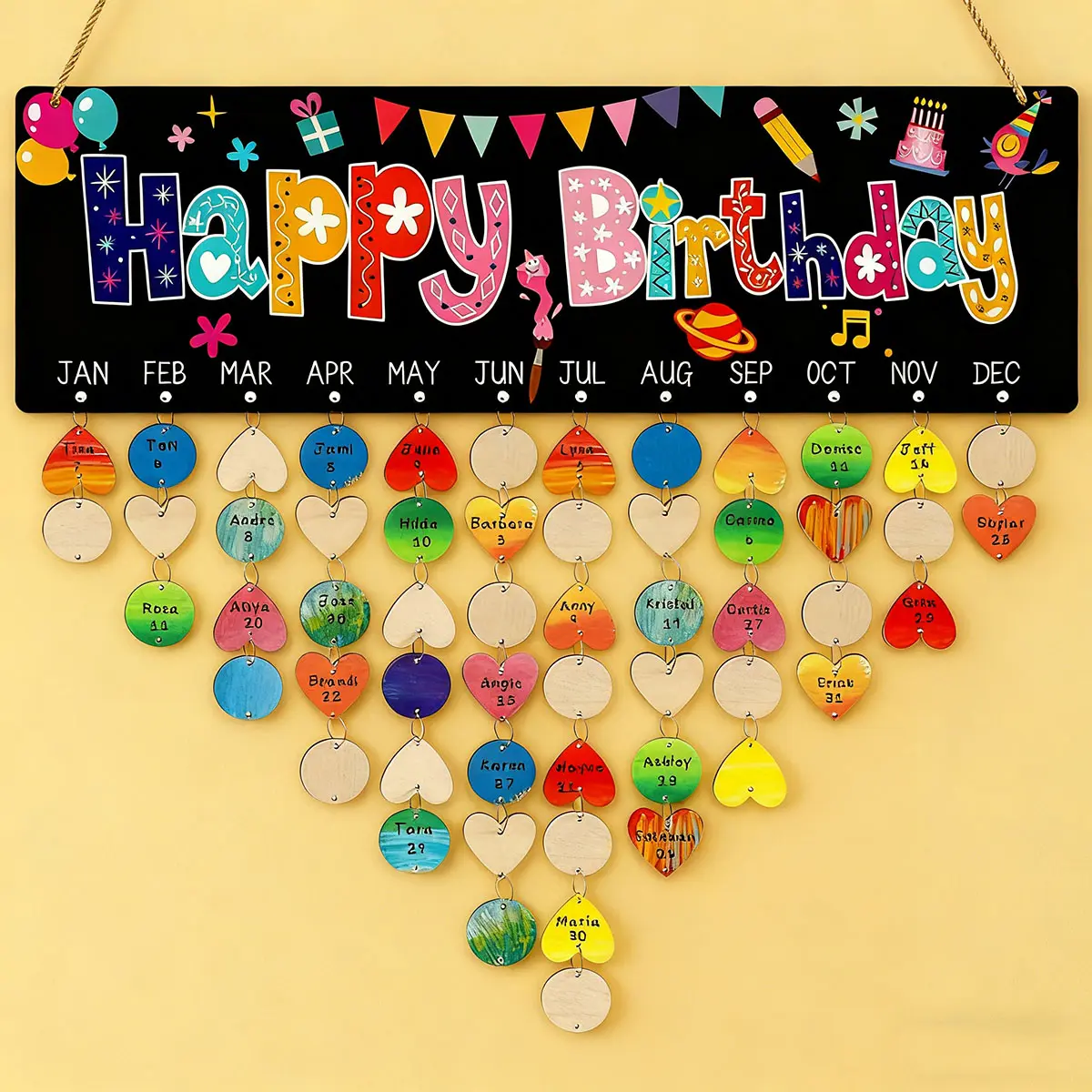 DIY Colorful Happy Birthday Family Reminder Calendar Board Wall Hanging Family Wooden Birthday Calendar DIY Birthday Plaque Calendar Reminder Wall Art Decor Home Bedroom Decor Birthday Gift Holiday Gift Hanging Ornaments