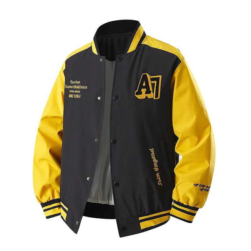 Men's Black-Yellow Color Block Varsity Jacket - A7 Embroidered Retro Streetwear Baseball Coat, Menswear Long Sleeve Fashion Casual Stylish Outerwear, Embroidery Detail