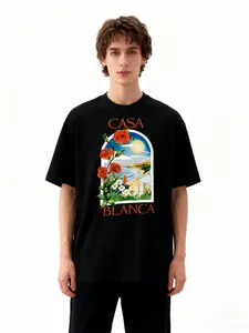 Casa Blanca Men's Floral Print Crew Neck Loose Fit Short Sleeve T-Shirt for Summer Daily Wear Casual Tops Menswear Tshirt 100% Cotton Unisex Classic Fit Comfortable for Everyone