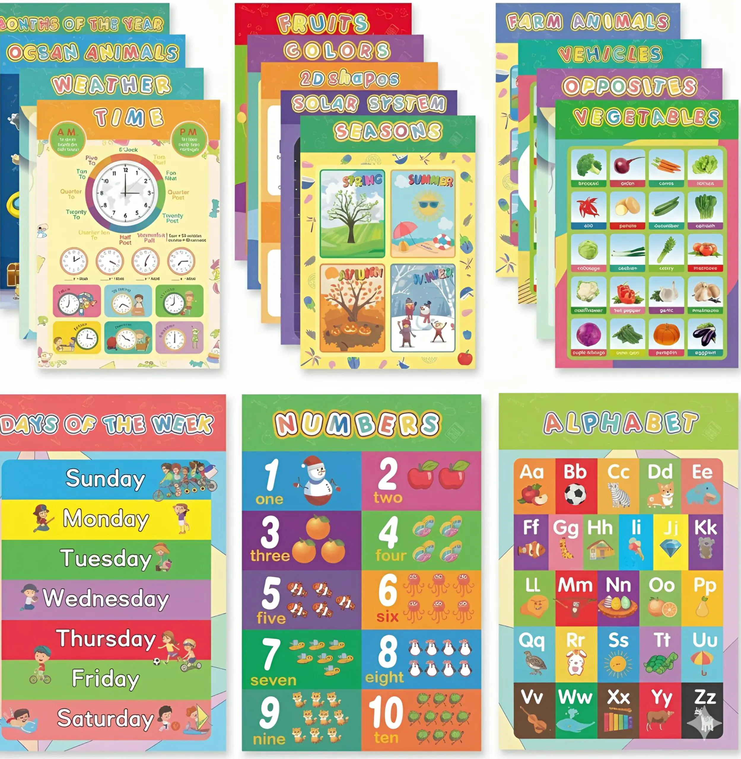 16 Laminated Toddler Educational Wall Posters for Classroom & Kindergarten, Kindergarten Classroom Must Haves, Laminated Learning Chart Materials