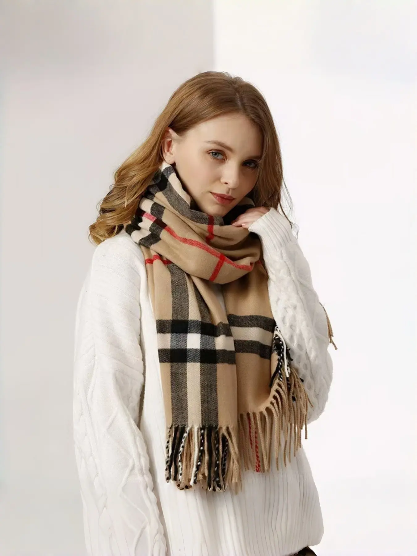 Women's Plaid Scarf for Fall & Winter, Classic British Style Faux Wool Shawl, Asymmetrical Design, Fashionable Versatile, Soft Fabric