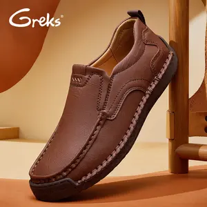 GREKS Men's Comfortable Slip-On Loafers - Faux Leather, Handmade Stitching, Elegant Plain Round Toe, Simple Design Daily Wear Flats Casual Slipon Footwear Walking Shoes