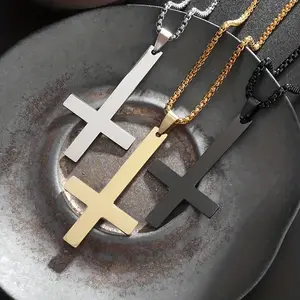 Upside Down Cross Necklace | Saint Peter's Cross Pendant | Inverted Stainless Steel Jewelry for Men & Women | Gothic Punk Aesthetic | Religious Anti-Establishment Symbol | Edgy Biker Rock Streetwear Necklace | Bold Fashion Statement Gift Idea